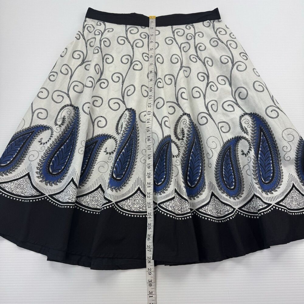Studio West Paisley A-Line Skirt Blue Black White Cotton Midi Flared Size L - Picture 5 of 6